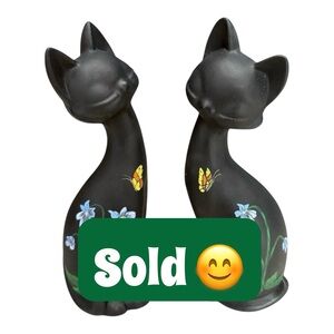 Vintage Hand Painted Black Cats W/ Flowers & Butterfly | Matte Black | Figurine